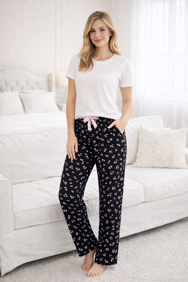 Viscose Knit Single Pajama Bottoms in Black - Thumbnail