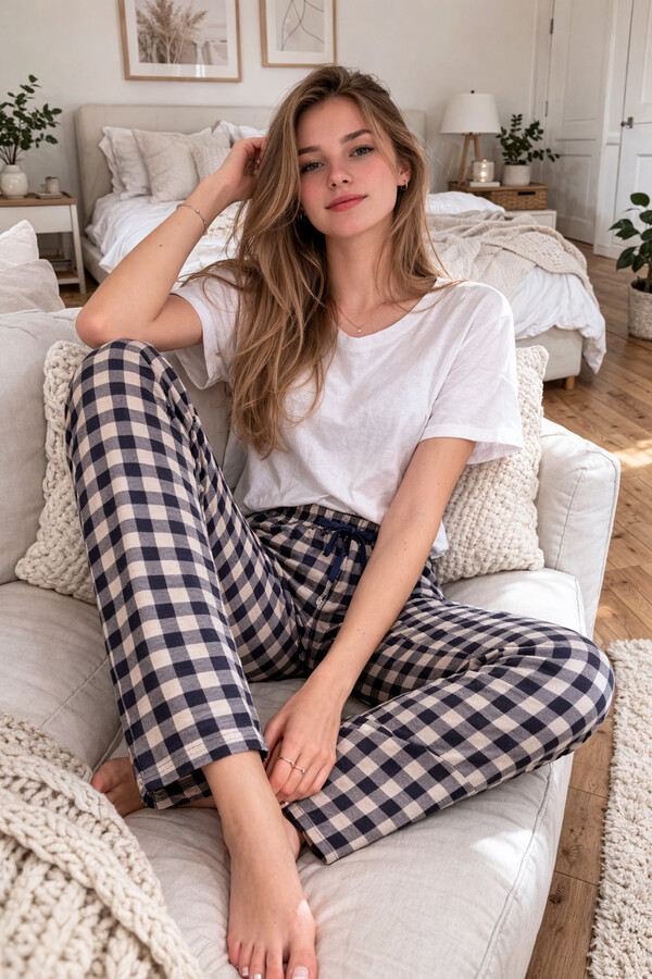 Viscose Knit Pajama Bottoms in Black and White Print - Thumbnail