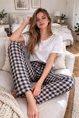 Remsa - Viscose Knit Pajama Bottoms in Black and White Print