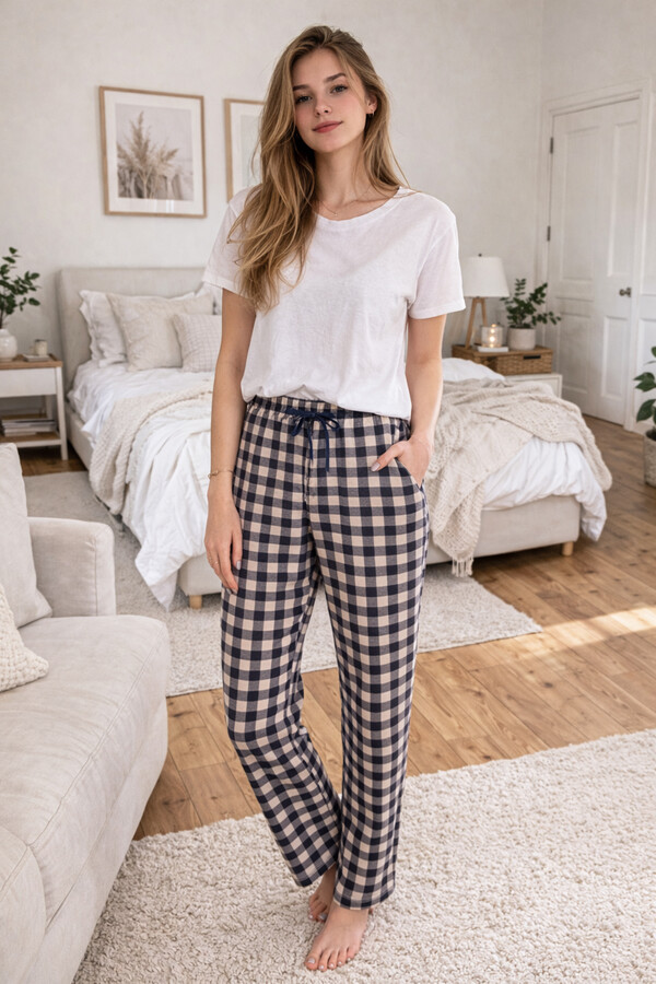 Viscose Knit Pajama Bottoms in Black and White Print - Thumbnail