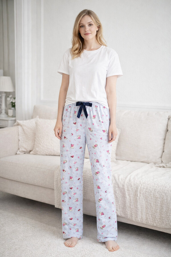 Viscose Knit Pajama Bottoms with Floral Print - Thumbnail