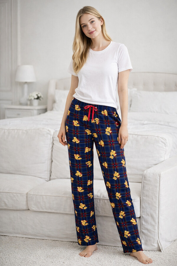 Viscose Knit Pajama Bottoms in Navy Print - Thumbnail