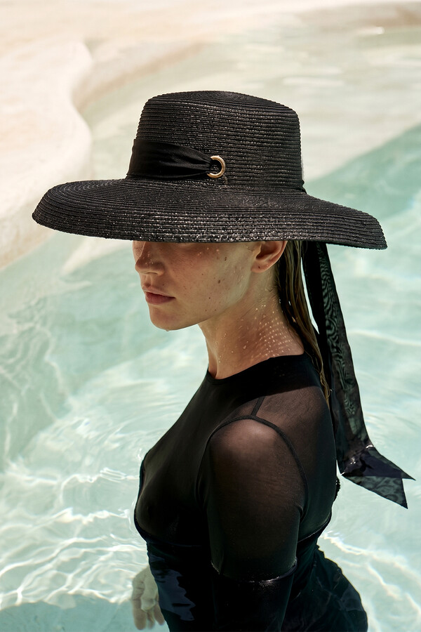 Wide Brim Ribbon Detail Hat Black - Thumbnail