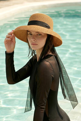 Remsa - Wide Brim Straw Hat with Ribbon Detail Camel