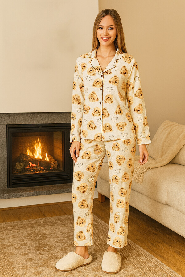 Women's Bear Pattern Button-Front Pajama Set 0493 Beige - Thumbnail