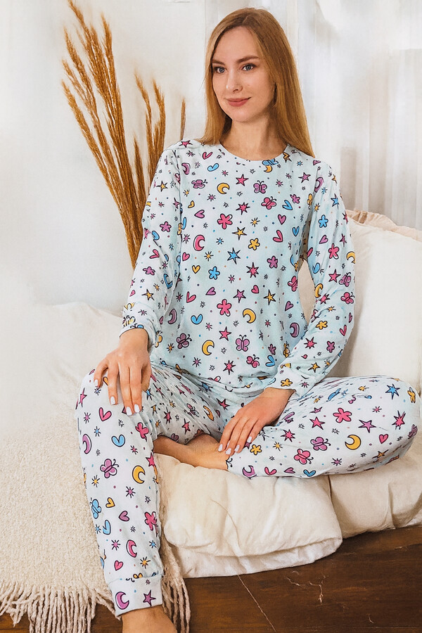 Women's Butterfly Print Comfort Pajama Set 0501 Buz Blue - Thumbnail