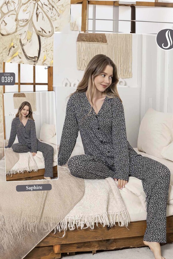 Women's Button-Up Sapphire Pajama Set 0389 Black - Thumbnail