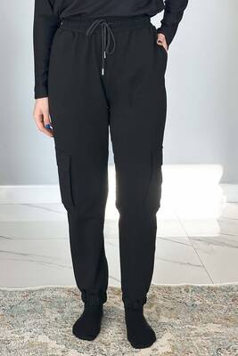 Remsa - Women's Elastic Waist and Leg Cargo Pocket Sweatpants 7057 Black