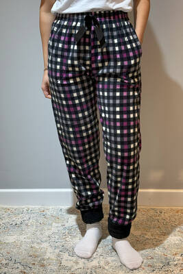 Estiva - Women’s Fleece Cuffed Pajama Bottoms with Checks 130 Purple