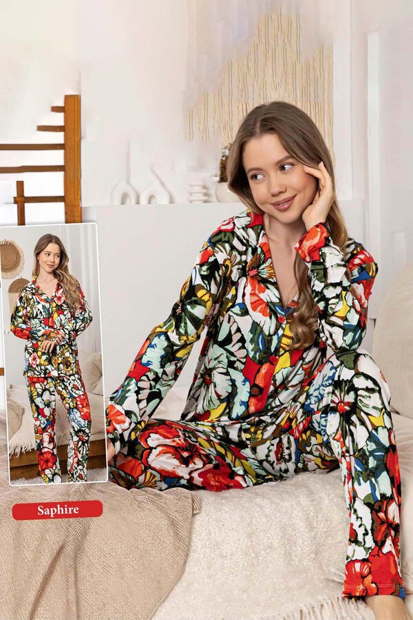Women's Floral Print Button-Up Sapphire Pajama Set 0357 Multi-Color - Thumbnail