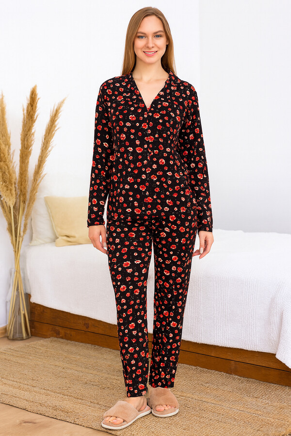 Women's Floral Print Sapphire Button-Up Pajama Set 0468 Black04 - Thumbnail