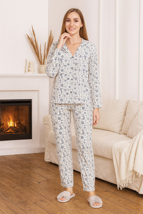 Women's Floral Print Suprem Pajama Set 0469 White - Thumbnail