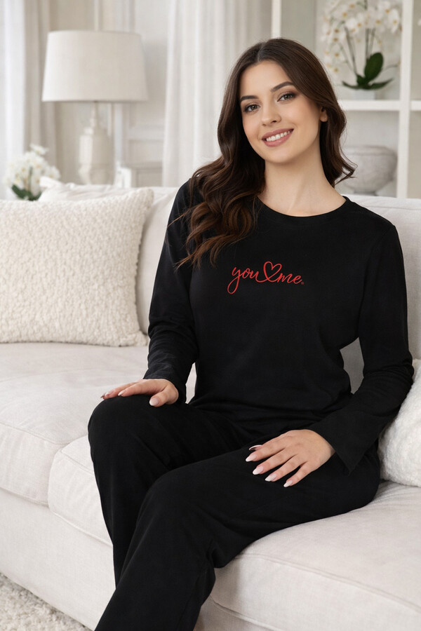 Women's Front Print Supreme Pajama Set 0607 Black07 - Thumbnail