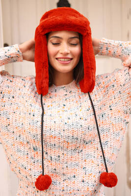 Remsa - Women's Fur Earmuff Plush Hat RKŞ-04 Red (1)