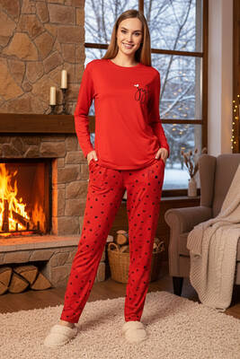 Remsa - Women's Heart Pattern Sapphire Pajama Set 0534 Red