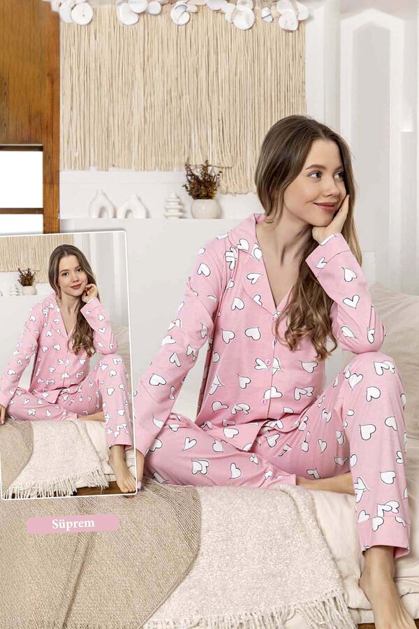 Women's Heart Print Button-Front Pajama Set 0392 Pink01 - Thumbnail