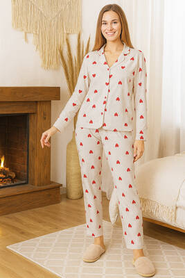 Remsa - Women's Heart Print Button-Front Pajama Set 0484 Grey03
