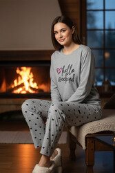 Remsa - Women's Heart Print Button-Front Pajama Set in Grey