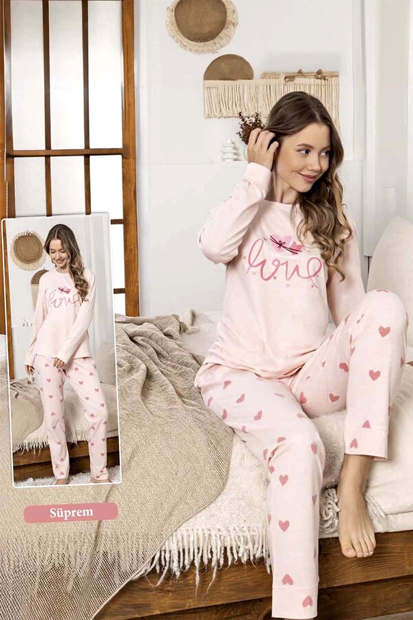 Women's Heart Print Suprem Pajama Set 0327 Pink02 - Thumbnail