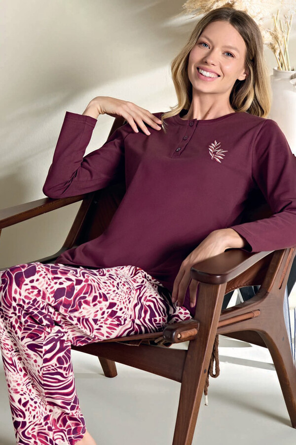 Women's Knit Long Sleeve Pajama Set in Burgundy - Thumbnail
