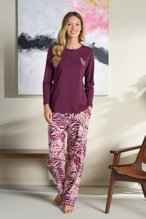 Women's Knit Long Sleeve Pajama Set in Burgundy - Thumbnail