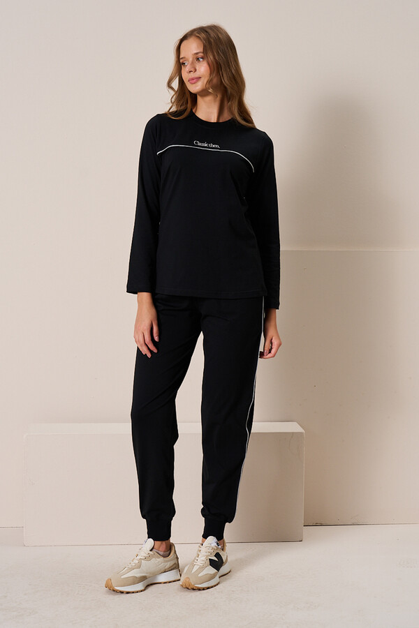 Women's Knit Long Sleeve Pajama Set 3197 Black - Thumbnail