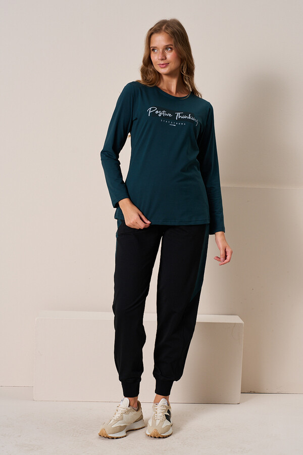 Women's Knit Long Sleeve Pajama Set 3199 Petrol - Thumbnail