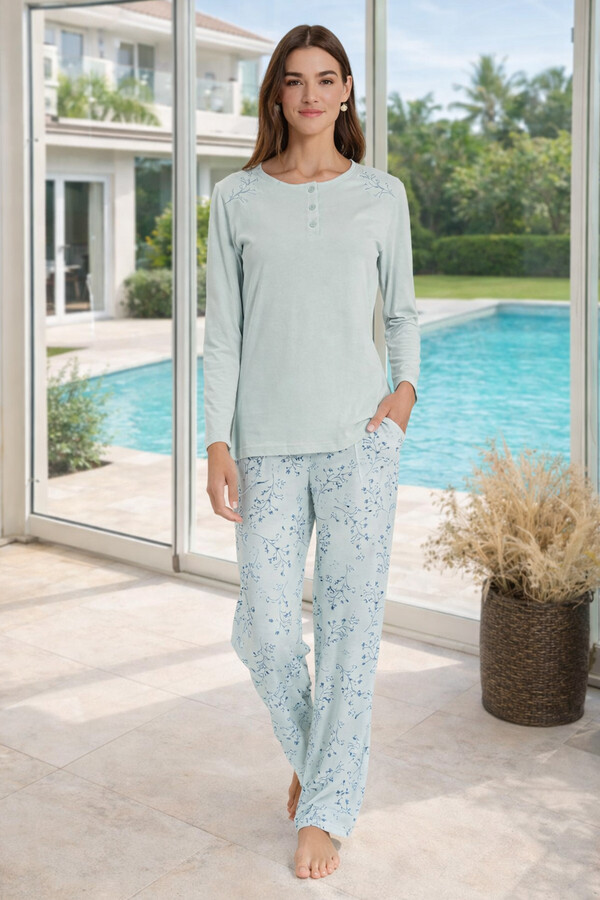 Women's Knit Long Sleeve Pajama Set 3316 Turquoise - Thumbnail