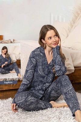 Remsa - Women's Leaf Print Button Detail Pajama Set 0332 Navy