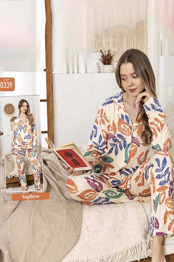 Women's Leaf Print Sapphire Pajama Set 0339 Yellow - Thumbnail