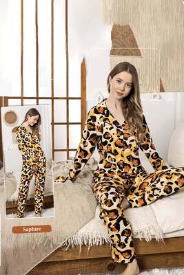Remsa - Women's Leopard Print Button-Up Sapphire Pajama Set 0336 Leopard (1)