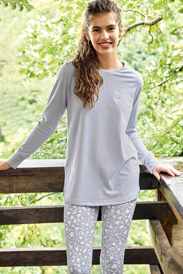 Women's Long Sleeve Tights Pajama Set in Grey - Thumbnail