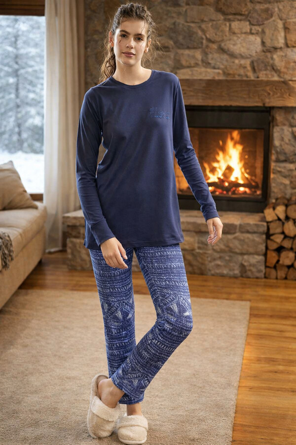Women's Long Sleeve Tights Pajama Set in Navy - Thumbnail