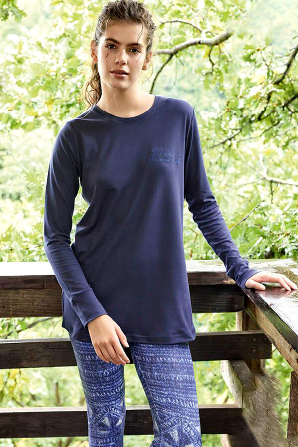 Women's Long Sleeve Tights Pajama Set in Navy - Thumbnail