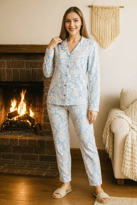 Remsa - Women's Patterned Button-Front Pajama Set 0482 Blue02 (1)