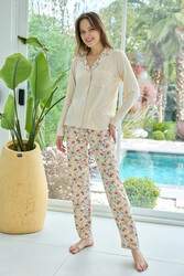 Remsa - Women's Patterned Button-Up Soft Milan Knit Pajama Set