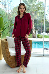 Remsa - Women's Soft Milan Fabric Plaid Pajama Set in Burgundy