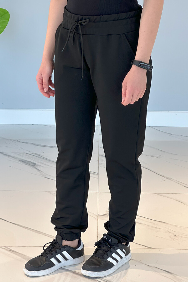 Women's Scuba Fabric Cuffed Jogger Pants Lookalike 2136 Black - Thumbnail