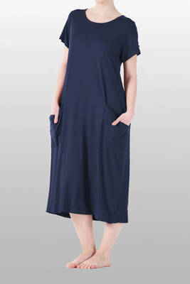  - Women's Short Sleeve Pocket Detail Viscose Pajama Dress Navy (1)