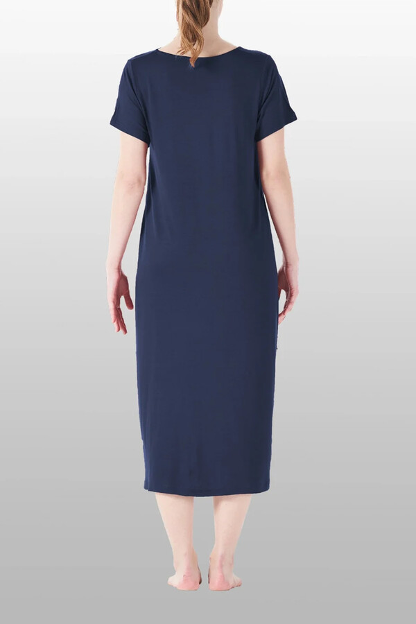 Women's Short Sleeve Pocket Detail Viscose Pajama Dress Navy - Thumbnail