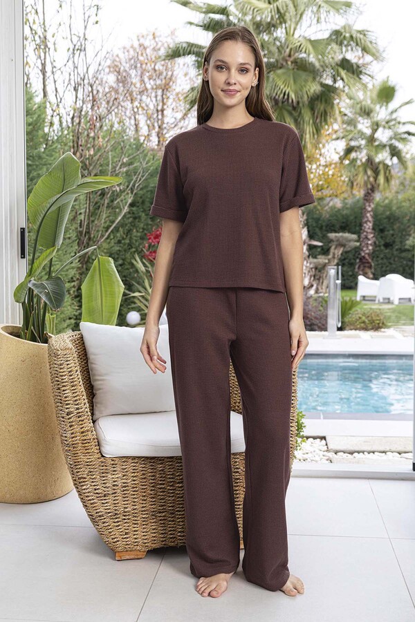 Women's Short Sleeve Waffle Knit Pajama Set 260107 Brown - Thumbnail