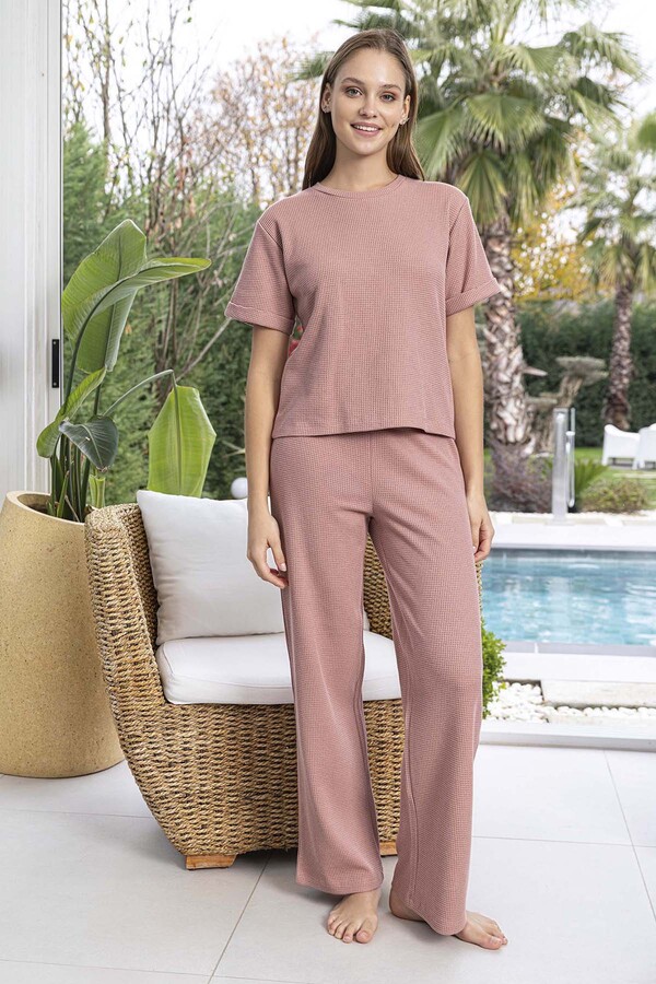 Women's Short Sleeve Waffle Knit Pajama Set 260109 Dusty Rose - Thumbnail