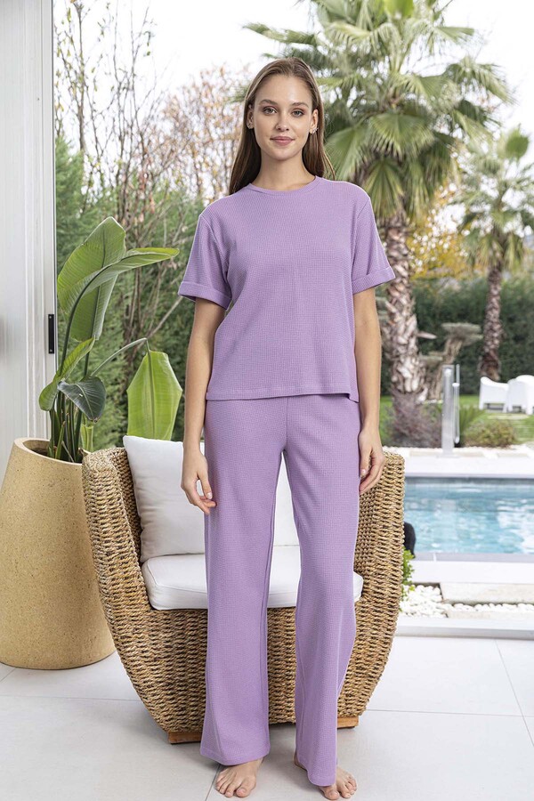 Women's Short Sleeve Waffle Knit Pajama Set in Lilac - Thumbnail