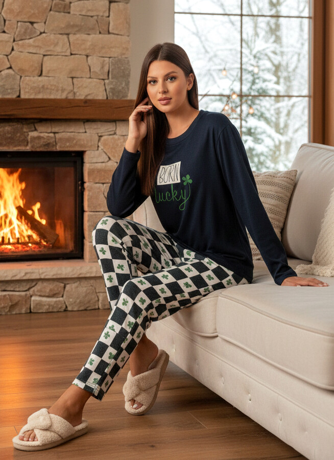 Women's Thermal Long Sleeve Pajama Set 4718 Petrol - Thumbnail