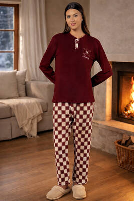 Remsa - Women's Thermal Long Sleeve Pajama Set in Burgundy (1)