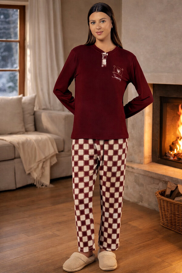 Women's Thermal Long Sleeve Pajama Set in Burgundy - Thumbnail