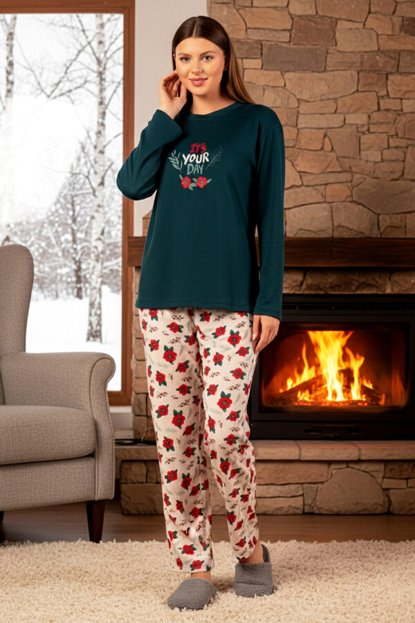 Women's Thermal Long Sleeve Pajama Set Petrol Blue - Thumbnail
