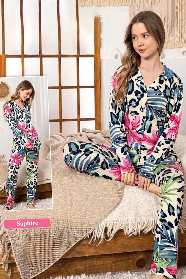 Women's Tropical Print Button-Up Sapphire Pajama Set 0341 Cream - Thumbnail