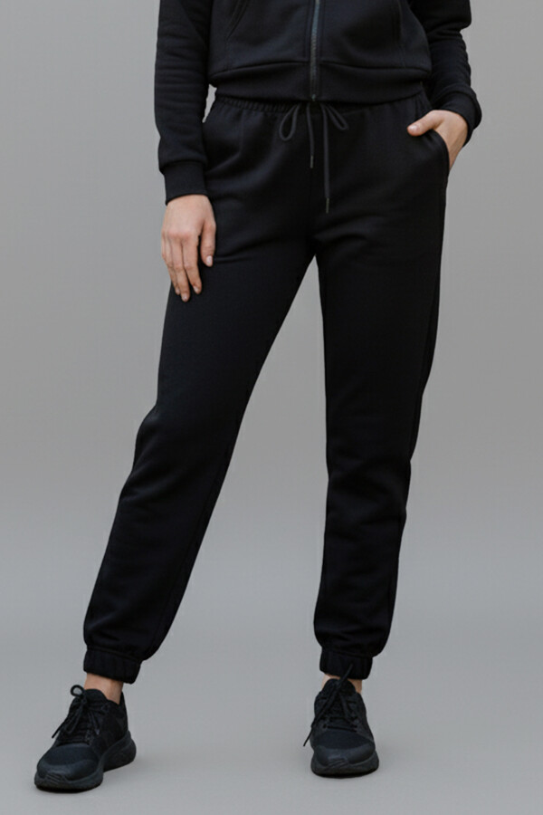 Women's Two-Leg Elastic Waist 2-Pocket Jogger Set 8017 Black - Thumbnail