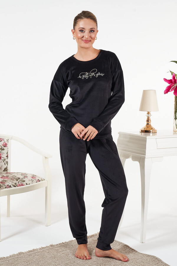 Women's Velvet Print Pajama Set 25382 Black - Thumbnail